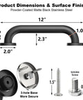 Hella Secure 12 Inch Stair Handrail And Wall Mounted Safety Grab Bar For Indoor Outdoor Steps with dimensions and stainless steel frame.