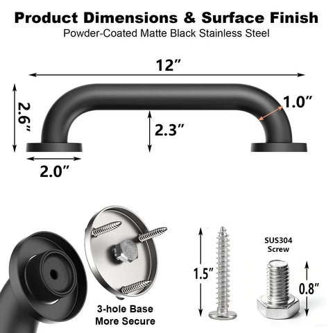 Hella Secure 12 Inch Stair Handrail And Wall Mounted Safety Grab Bar For Indoor Outdoor Steps with dimensions and stainless steel frame.