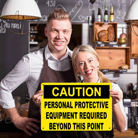 Two people holding a PPE Sign Personal Protective Equipment Required Beyond This Point 8x12 Inch Aluminum Metal Sign