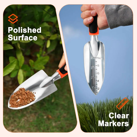 Two Pack Garden Shovel And Trowel Set Heavy Duty For Digging And Planting Includes Wide Trowel With Measurement Mark And Compact Hand Shovel