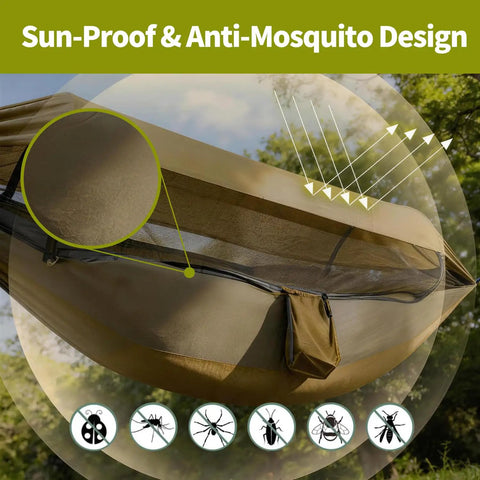 Sun-proof and anti-mosquito 3 In 1 Camping Hammock Tent With Mosquito Net And Rainfly in a wooded area.