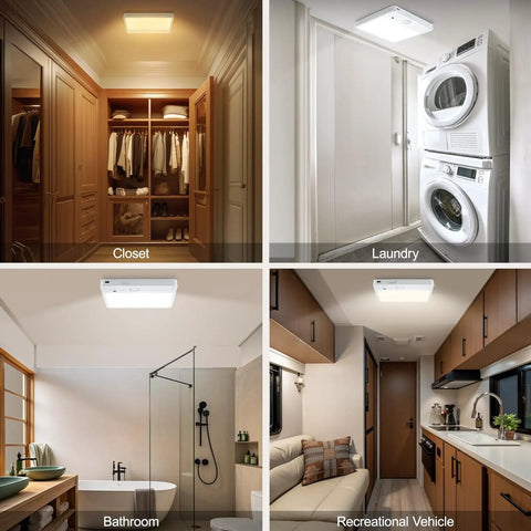 Motion Sensor LED Ceiling Light With Remote, 8W Rechargeable, installed in closet, laundry, bathroom, and recreational vehicle.