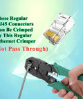 Crimping tool and RJ45 connector from 100 Pack Cat5e RJ45 Connectors Ends For Solid Wire And Standard Ethernet Cable Unshielded Not Pass Through With Handy Storage Case Easy To Carry Durable Great For Home Office Networking Projects