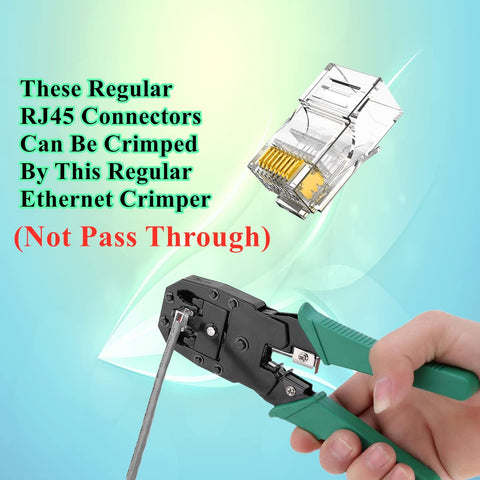 Crimping tool and RJ45 connector from 100 Pack Cat5e RJ45 Connectors Ends For Solid Wire And Standard Ethernet Cable Unshielded Not Pass Through With Handy Storage Case Easy To Carry Durable Great For Home Office Networking Projects