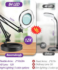 Comparison of 12X Magnifying Glass With Light And Swing Arm Stand For Crafts featuring 84 LED with another magnifier with 48 LED.