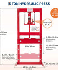 Professional Grade 6 Ton Hydraulic H Frame Shop Press With Adjustable Height Base And Press Plates Built Like A Tank For Pulling Bearings Auto Repair And Metalworking Red, detailed view with dimensions and specifications.