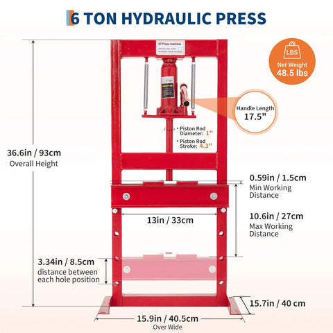 Professional Grade 6 Ton Hydraulic H Frame Shop Press With Adjustable Height Base And Press Plates Built Like A Tank For Pulling Bearings Auto Repair And Metalworking Red, detailed view with dimensions and specifications.