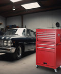 Rock Solid Heavy Duty Steel Tool Chest With 8 Deep Drawers And Rollin Locking Wheels Detachable Top Liner in garage beside classic car.