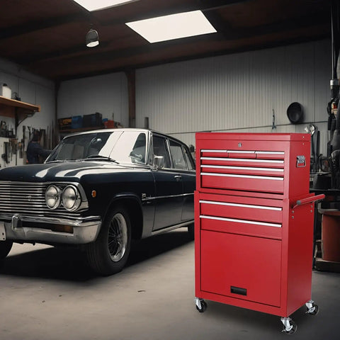 Rock Solid Heavy Duty Steel Tool Chest With 8 Deep Drawers And Rollin Locking Wheels Detachable Top Liner in garage beside classic car.