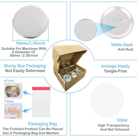 58mm button maker kit with blank buttons, pin backs, matte anti-rust backs and boxed packaging