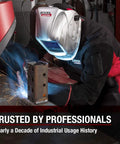 Welder using Split Leather Sleeved Welding Jacket with Flame Resistant Cotton Body Black and Red Medium Pro Grade Gear