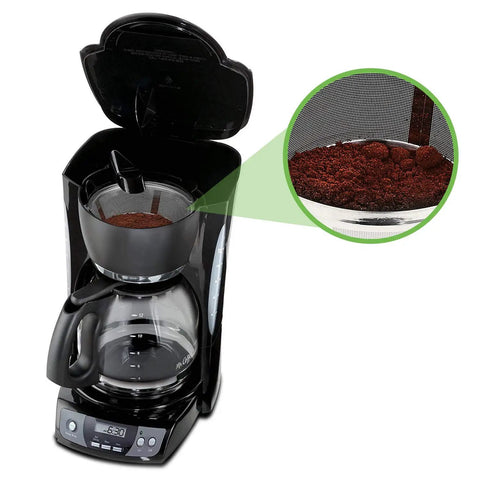 8-12 Cup Reusable Filter Basket For Basket Style Coffee Makers, Dishwasher Safe 18/8 Stainless Steel, Replacement For Mr Coffee And Black And Decker Coffee Maker Filters, Not For Hamilton Beach 46310 inside coffee maker with ground coffee visible