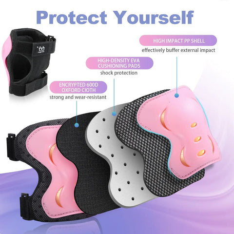 Six Pack Knee Pads Elbow Pads And Wrist Guards Protective Gear Set with pink high-impact shell and EVA cushioning layers