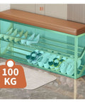 Industrial 2 Tier Shoe Rack Bench With Seat And Brown Entryway Organizer Stand Metal Shoe Storage Shelves holding shoes