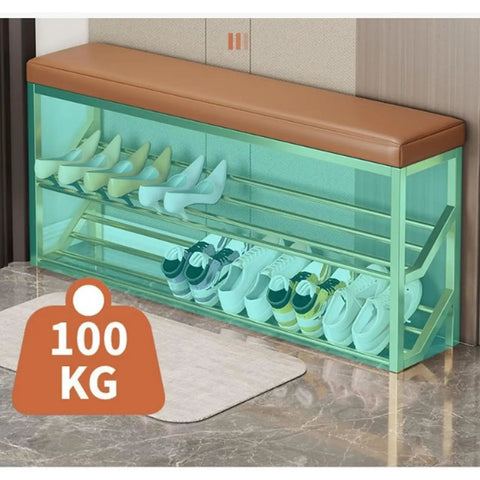 Industrial 2 Tier Shoe Rack Bench With Seat And Brown Entryway Organizer Stand Metal Shoe Storage Shelves holding shoes