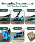 High Grade Pallet Strapping Kit That Slaps Includes 5 8 Inch 1000 Ft PET Strap Roll with manual sealer demonstrating use steps.