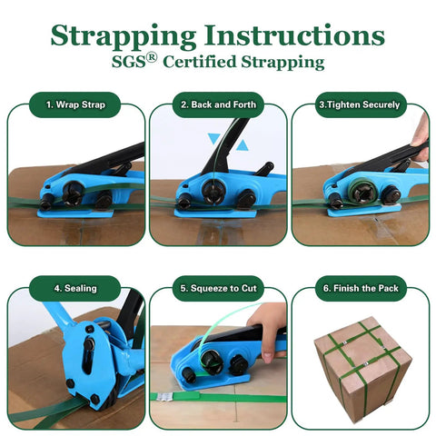 High Grade Pallet Strapping Kit That Slaps Includes 5 8 Inch 1000 Ft PET Strap Roll with manual sealer demonstrating use steps.
