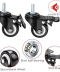 Heavy Duty Caster Wheels Set of Four with 360 Degree Swivel Rolling showing polyurethane treads, dual ball bearing, and brake.
