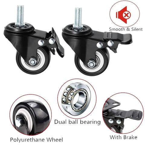 Heavy Duty Caster Wheels Set of Four with 360 Degree Swivel Rolling showing polyurethane treads, dual ball bearing, and brake.