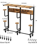 Heavy Duty Wall Mounted Helmet Rack With Six J Hooks And Six Clip Hooks Holds Six Helmets And Gear shown with dimensions and hooks