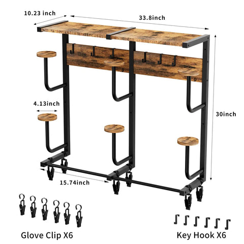 Heavy Duty Wall Mounted Helmet Rack With Six J Hooks And Six Clip Hooks Holds Six Helmets And Gear shown with dimensions and hooks