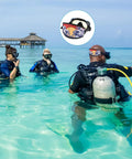 Scuba divers wearing Cyberpunk Style Neoprene Diving Mask Strap Covers Set Four Pieces For Swimming Goggles at sea