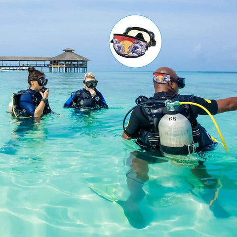 Scuba divers wearing Cyberpunk Style Neoprene Diving Mask Strap Covers Set Four Pieces For Swimming Goggles at sea
