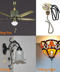 Two-Wire Pull Chain Ceiling Fan Light Switch ZE-109 for fan lights and lamps next to ceiling fan, wall lamp, and ceiling light.