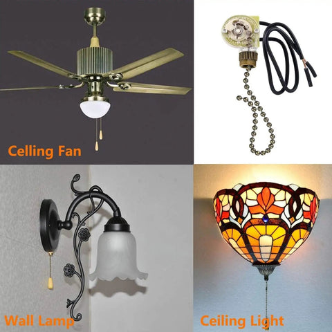 Two-Wire Pull Chain Ceiling Fan Light Switch ZE-109 for fan lights and lamps next to ceiling fan, wall lamp, and ceiling light.