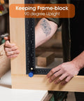 Built Rock Solid Aluminum Stair Gauges For Framing Square Non Slip Layout Stops With Carry Holder Heavy Duty Carpenter Marking Tools Dead On Accuracy Smooth Woodworking Setup Blue held at a 90-degree angle.