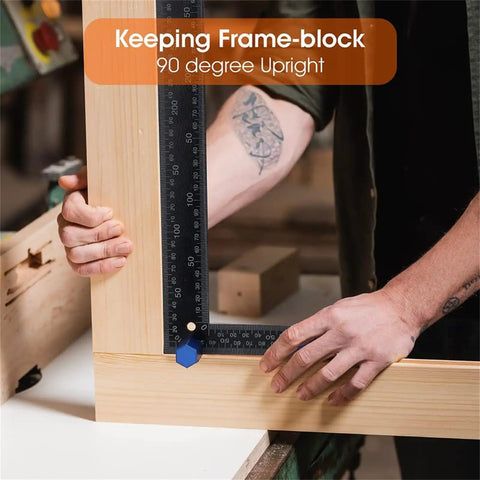 Built Rock Solid Aluminum Stair Gauges For Framing Square Non Slip Layout Stops With Carry Holder Heavy Duty Carpenter Marking Tools Dead On Accuracy Smooth Woodworking Setup Blue held at a 90-degree angle.