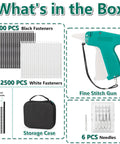 Mini Stitch Gun For Quick Clothing Repairs And Temporary Seams With 5000 Black And White Fasteners Six Extra Needles Packed In A Rugged Hard Shell Case A Total No Sweat Fix - contents including fasteners and storage case.