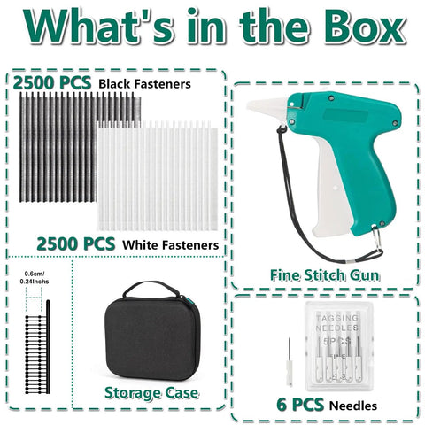 Mini Stitch Gun For Quick Clothing Repairs And Temporary Seams With 5000 Black And White Fasteners Six Extra Needles Packed In A Rugged Hard Shell Case A Total No Sweat Fix - contents including fasteners and storage case.