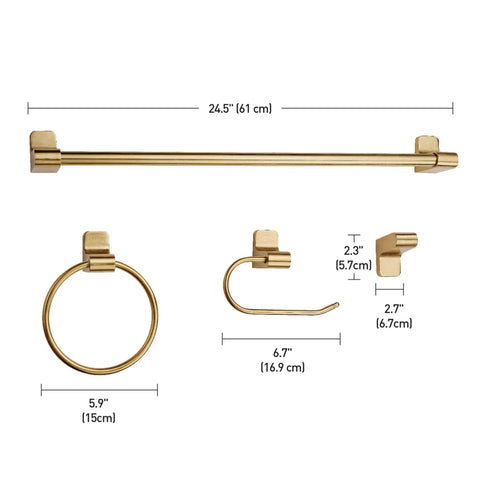 Positano Matte Brass Bath Set With Towel Bar And Toilet Paper Holder Sleek All In One Bathroom Hardware Upgrade For A Minimalist Modern Look And Slick Easy Install, showing pieces with dimensions.