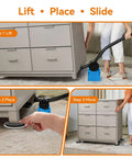 Heavy Duty Furniture Sliders With Lever Lift Tool, 12 Piece Multi Surface Moving Kit For Carpet Hardwood Floors shown in use for moving a dresser.