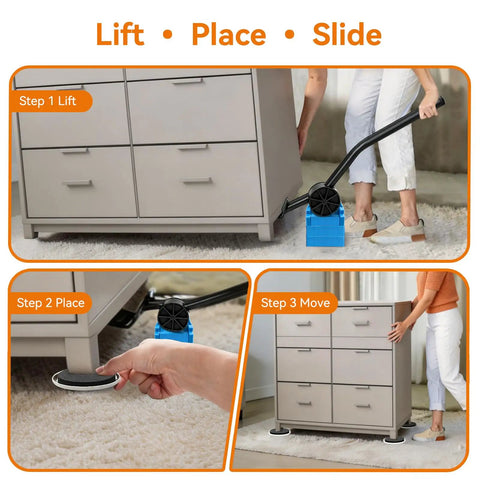 Heavy Duty Furniture Sliders With Lever Lift Tool, 12 Piece Multi Surface Moving Kit For Carpet Hardwood Floors shown in use for moving a dresser.