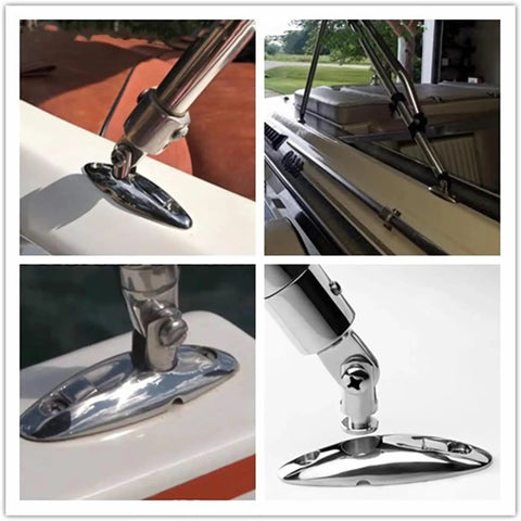 Premium 2 Pack Bimini Top Quick Release Hinge With 316 Stainless Steel Deck Mount showing different angles and installation on a boat.