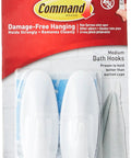 Hella Strong Damage Free Bathroom Hooks With Water Resistant Adhesive Strips No Sweat Installation. Pack of 2 medium white bath hooks.