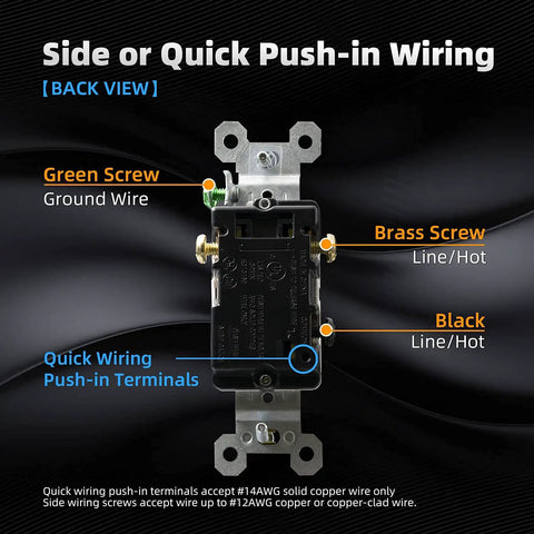 Back view of Three Way Toggle Light Switch 15 Amp 120 Volt In Wall Quiet Framed Glossy White Built Tough Self Grounding UL Listed