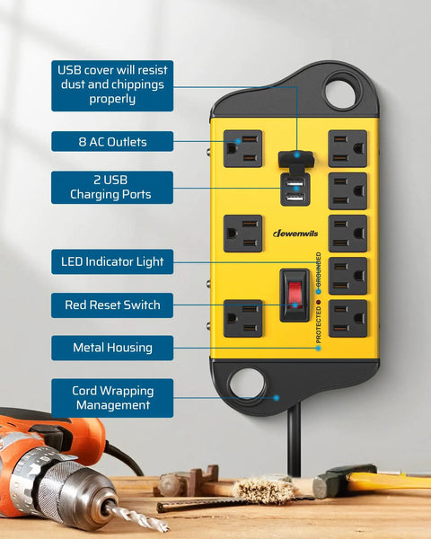 Beefed Up Eight Outlet Power Strip With Two USB Ports, 15 Feet Flat Plug Extension Cord, UL Listed Surge Protector, 15A Circuit Breaker