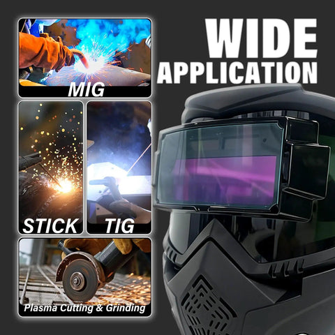 Auto Darkening Welding Mask With Intelligent Sensitive Filters Dust Protection And Adjustable Straps For MIG TIG Stick Plasma Cutting And Grinding Eye Safety Gear For Pro Welders showing close-up of the mask and its wide applications.