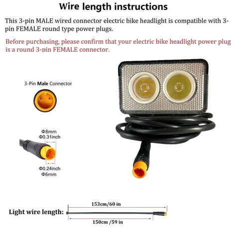 Front Light With Integrated Horn For E Bikes And Scooters, Waterproof 3 Pin Male Connector shown with wire length