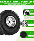 Close-up of 10 Inch Pneumatic Wheel with 4.10/3.50-4 Tire, 2.2 Inch Offset Hub, and 5/8 Inch Bearings for garden carts and mowers.