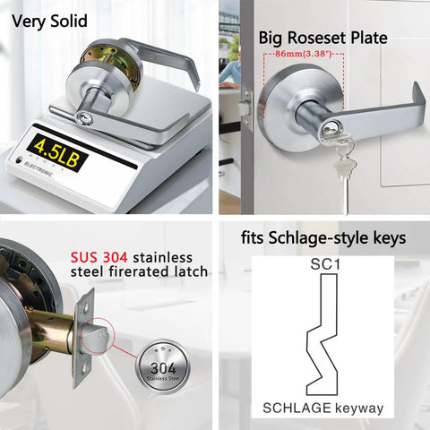 ANSI Grade 2 Commercial Keyed Entry Door Lever Handle With UL Listed ADA Compliant Performance Satin Chrome Finish 26D Backset Non Handed Heavy Duty Construction 400000 Cycles Tested Model GRD2 72ET 1P showing scale, rosette, latch, and keyway