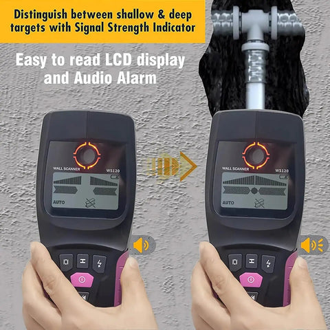 OSPSHPG Multifunctional Wall Scanner showing LCD display, detecting deep targets, and audio alarm feature.