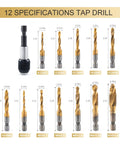 Beast Titanium-Coated High Speed Steel Drill And Tap Bits Set With Quick Change Adapter, 12 specifications displayed