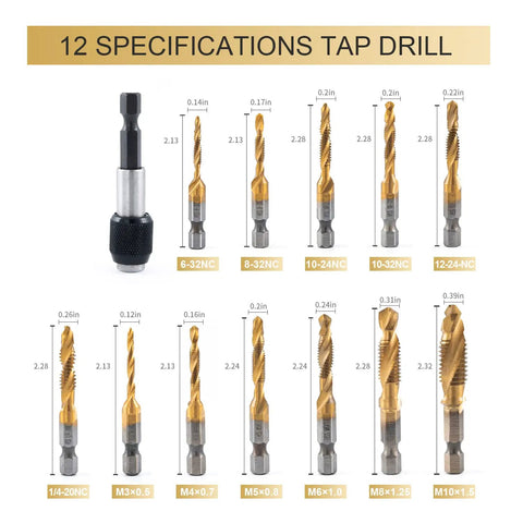 Beast Titanium-Coated High Speed Steel Drill And Tap Bits Set With Quick Change Adapter, 12 specifications displayed