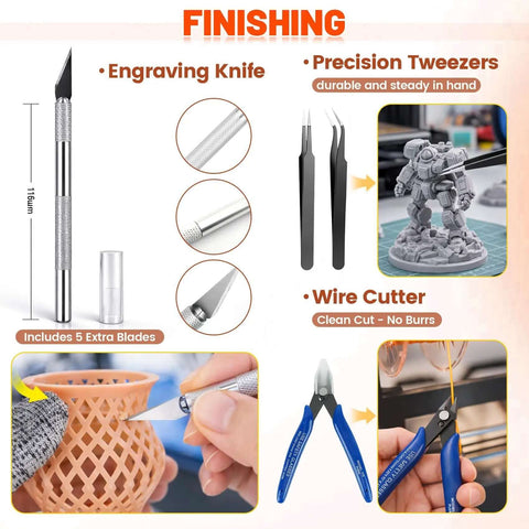 Ultimate All In One 50 Piece 3D Printer Tool Kit For Cleaning And Finishing with precision tweezers, wire cutter, and knife set