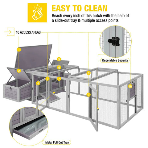 Diagram of Outdoor Wooden Chicken Coop For 4 To 6 Birds With Two Nesting Boxes, detailing access and clean features, Grey AIR45