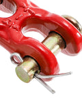 Close-up of 5/16 inch G70 zinc plated heavy duty trailer tie down twin clevis link for secure rigging.
